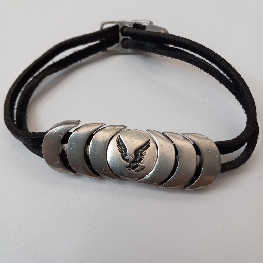Native American Pewter Double Leather Strand Eagle Bracelet
